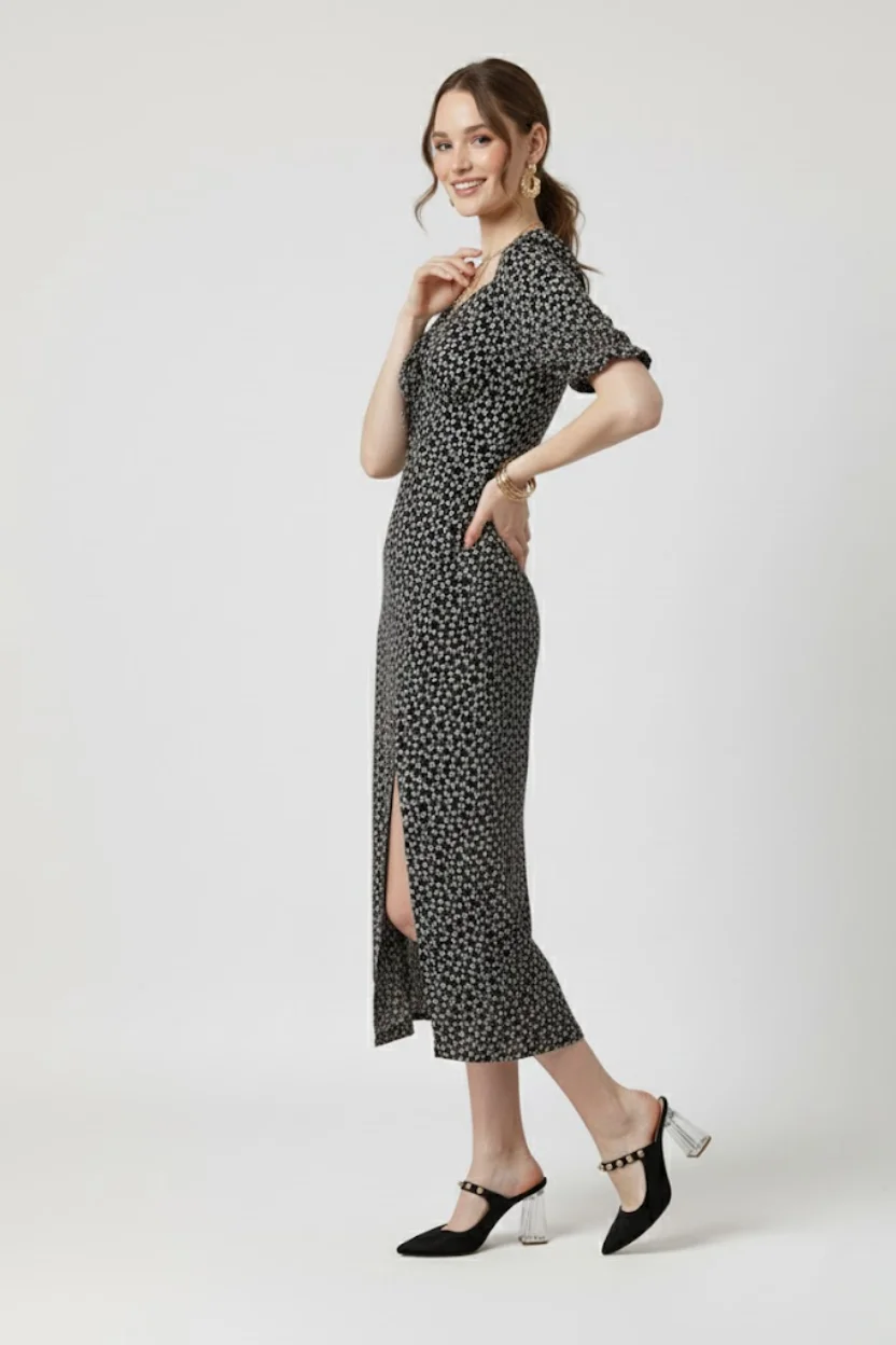 Kadın Siyah Çiçek Desenli Yırtmaçlı Midi Elbise Kare Yaka Büzgü Detaylı