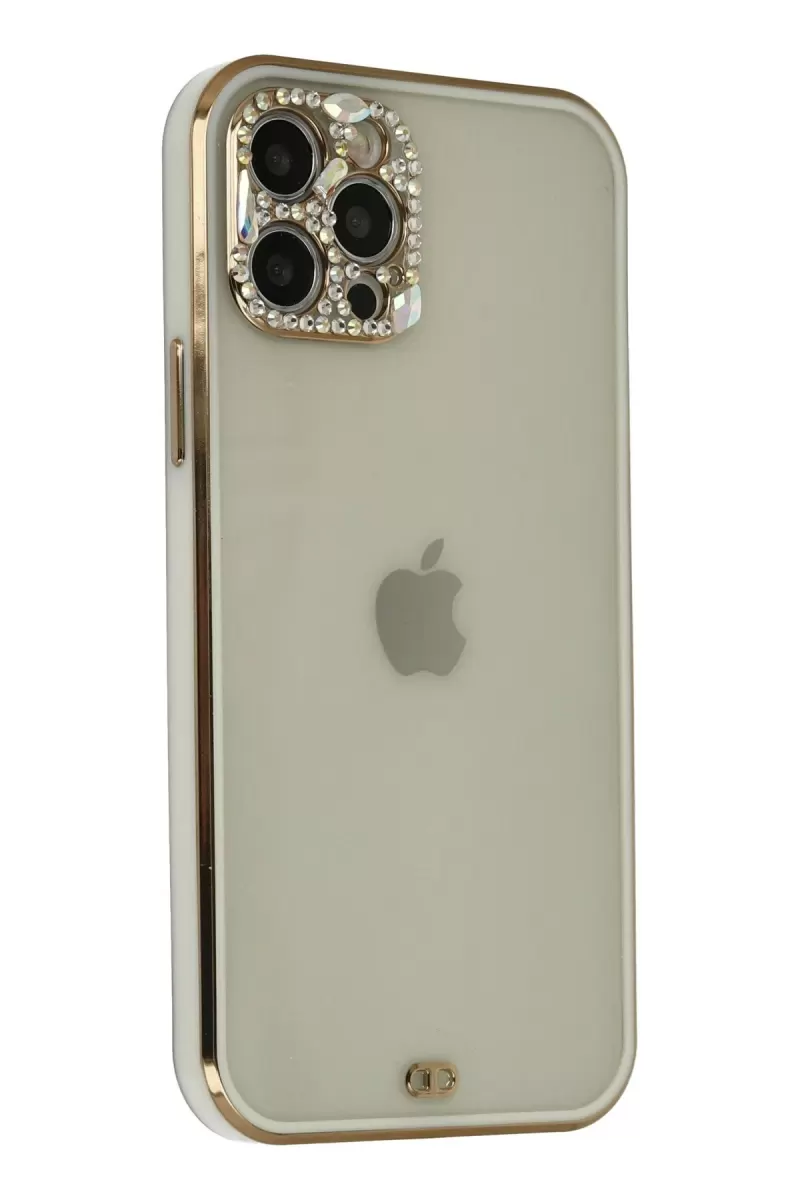 Newface Apple iPhone 12 Pro Max Kılıf Liva Taşlı Silikon - Beyaz