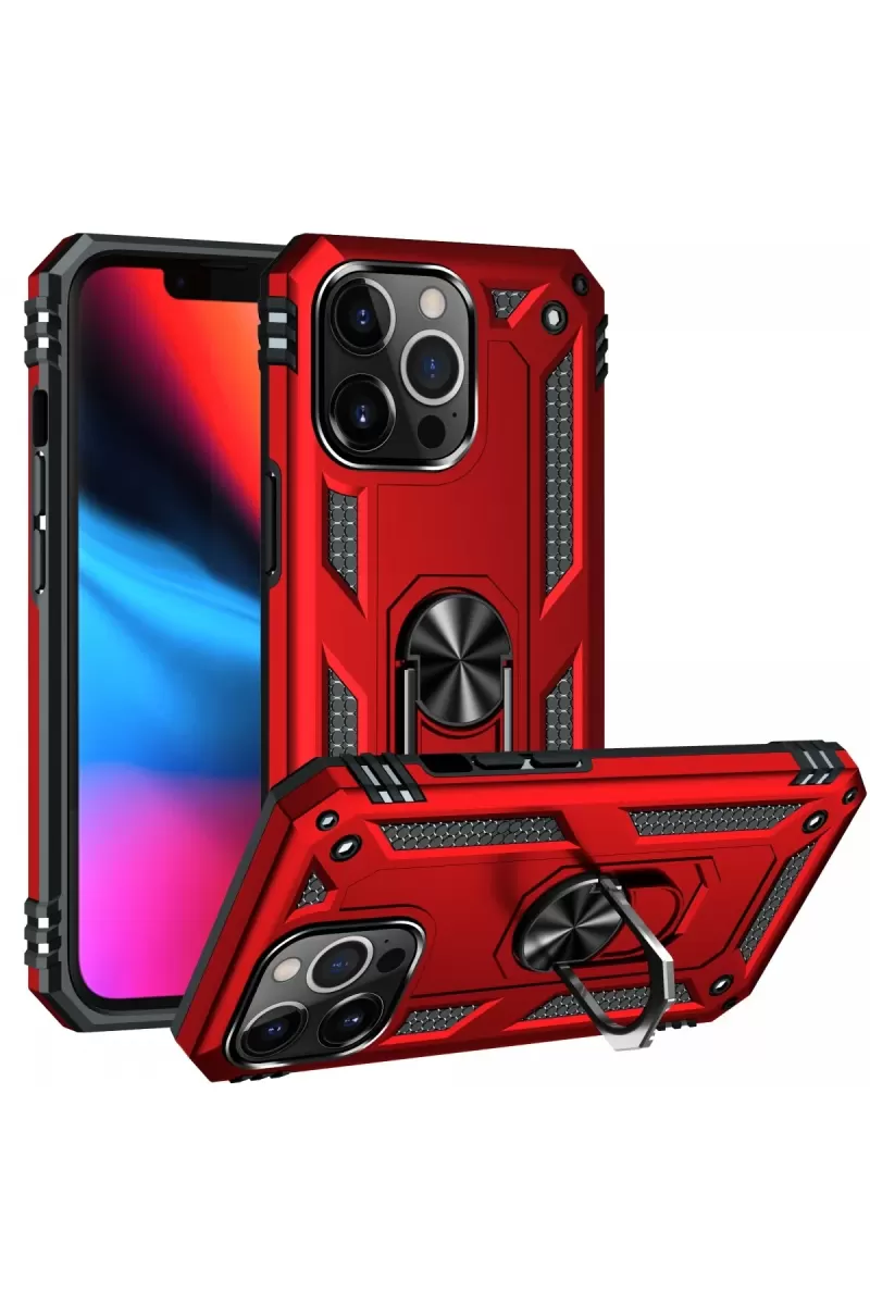 Newface Apple iPhone 13 Pro Max Kılıf Sofya Yüzüklü Silikon Kapak - Kırmızı