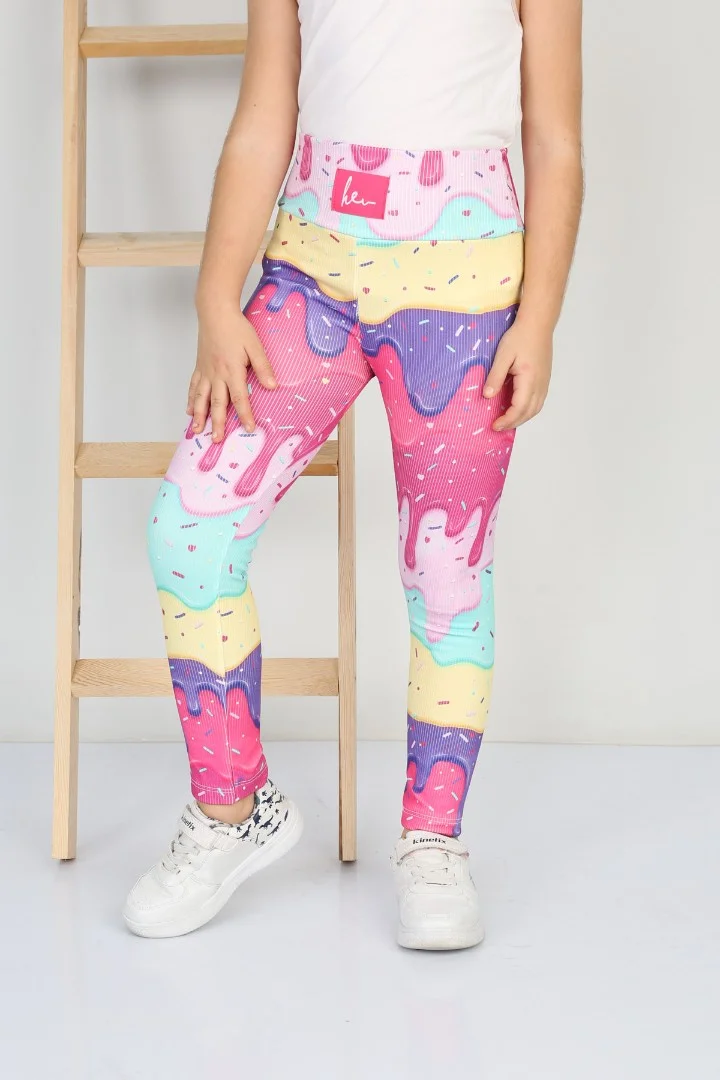 Şardonlu Fitilli Kumaş Baskılı Sarı Kız Çocuk Günlük Tayt