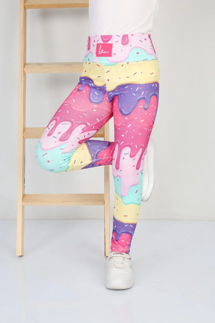 Şardonlu Fitilli Kumaş Baskılı Sarı Kız Çocuk Günlük Tayt