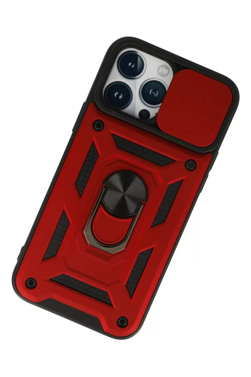 Newface Apple iPhone 13 Pro Max Kılıf Pars Lens Yüzüklü Silikon - Kırmızı