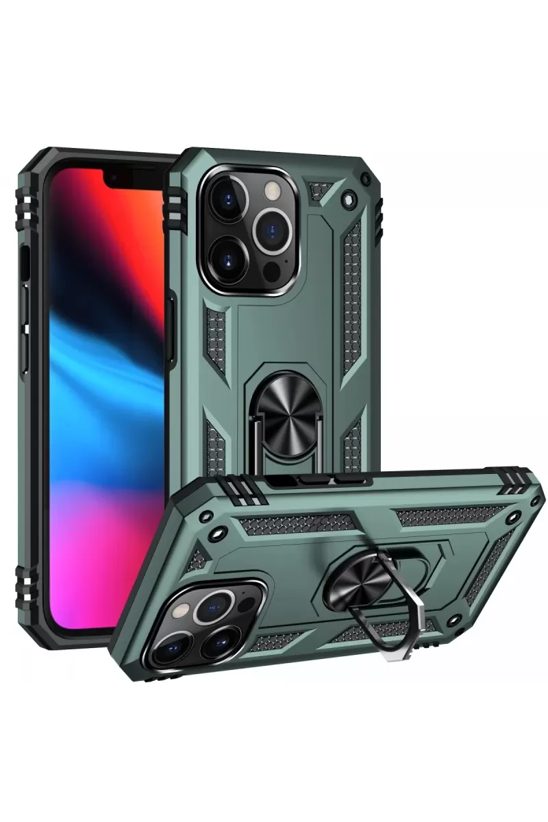 Newface Apple iPhone 13 Pro Kılıf Sofya Yüzüklü Silikon Kapak - Yeşil