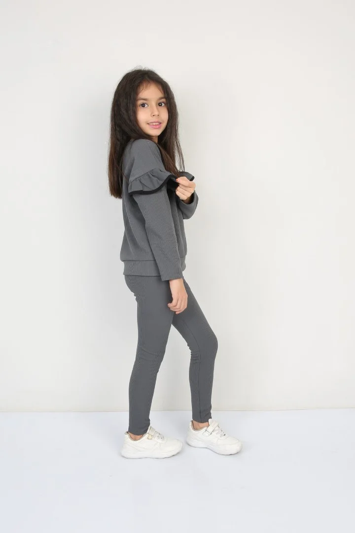 Şardonlu Fitilli Fırfır Detaylı Taytlı Günlük Kız Çocuk Takım