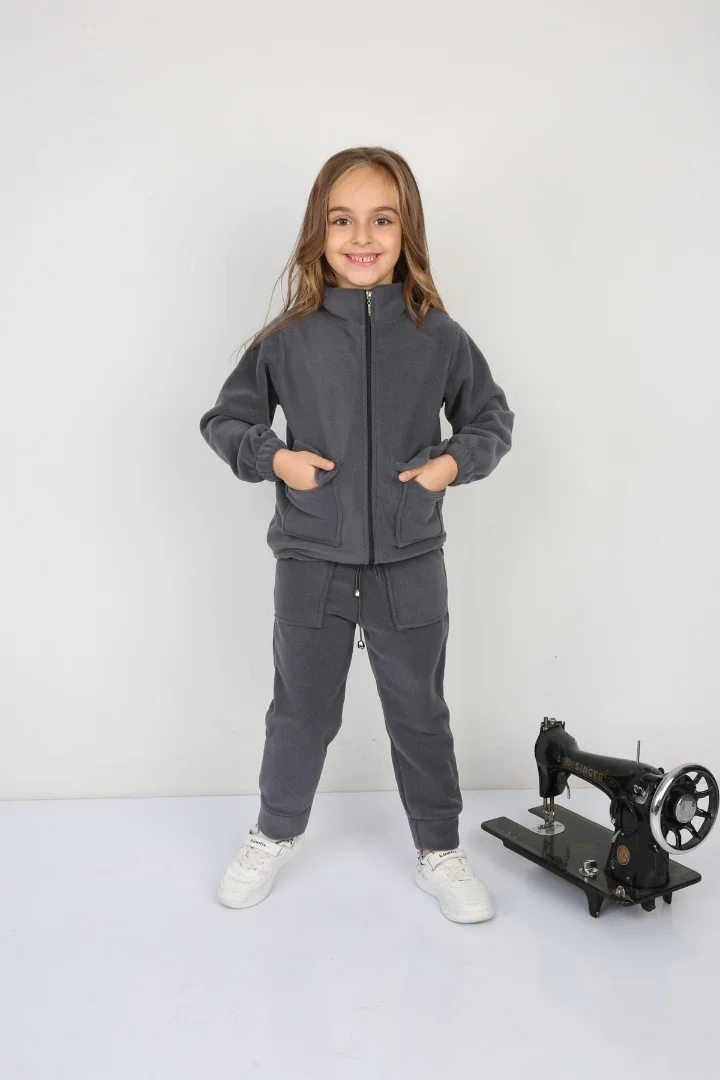 Tıraşlı Polar Lastik Bağcıklı Çift Cep Günlük Kız Çocuk Takım