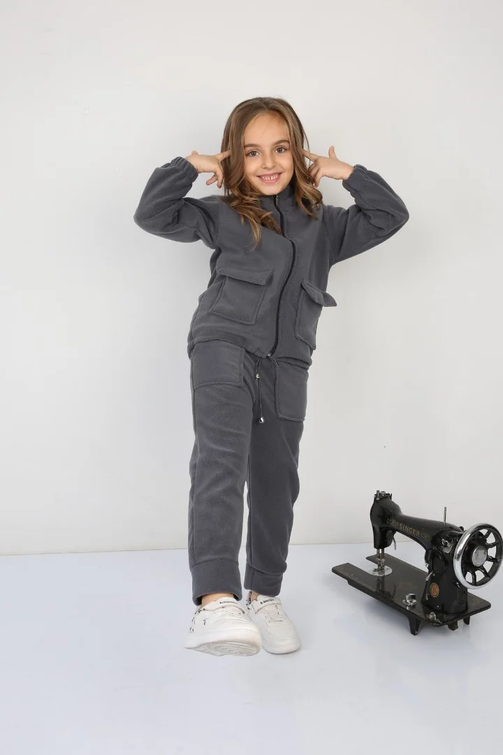 Tıraşlı Polar Lastik Bağcıklı Çift Cep Günlük Kız Çocuk Takım