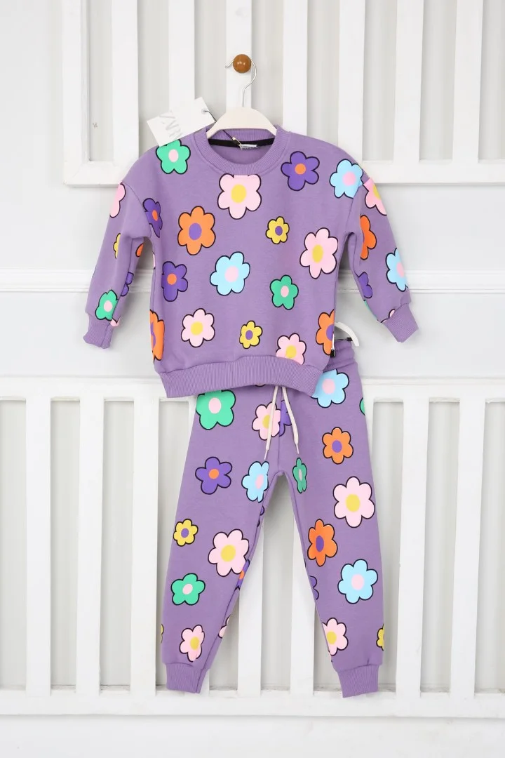 Üç İplik Şardonlu Yıldız Baskılı Kız Çocuk Günlük Takım