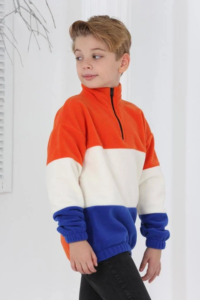Full Polar Kumaş Yarım Fermuarlı Garnili Erkek Çocuk Günlük Sweatshirt