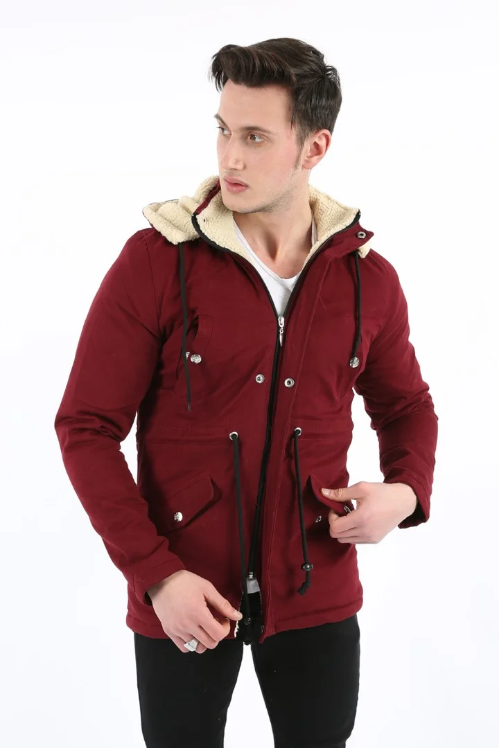 İçi Kürklü Çıkmalı Kapşonlu Kalın Erkek Günlük Kabardin Mont