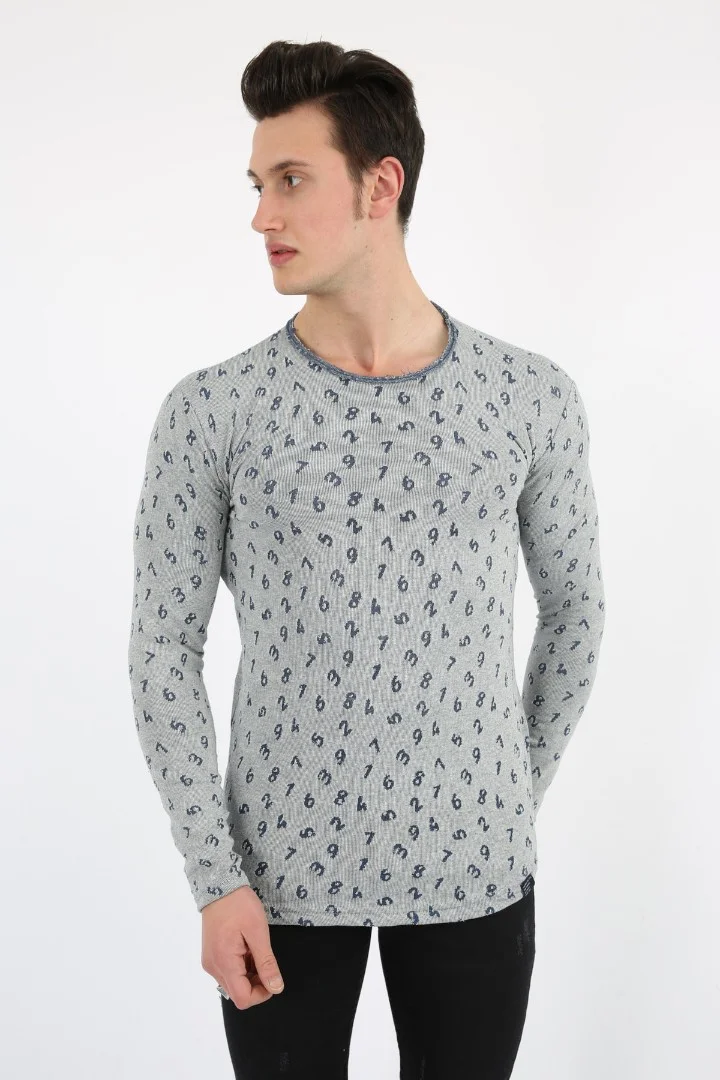 Rakam Baskılı Sıfır Yaka Erkek Günlük Sweatshirt