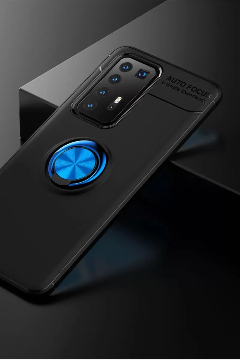Newface Huawei P40 Pro Kılıf Range Yüzüklü Silikon - Siyah-Mavi