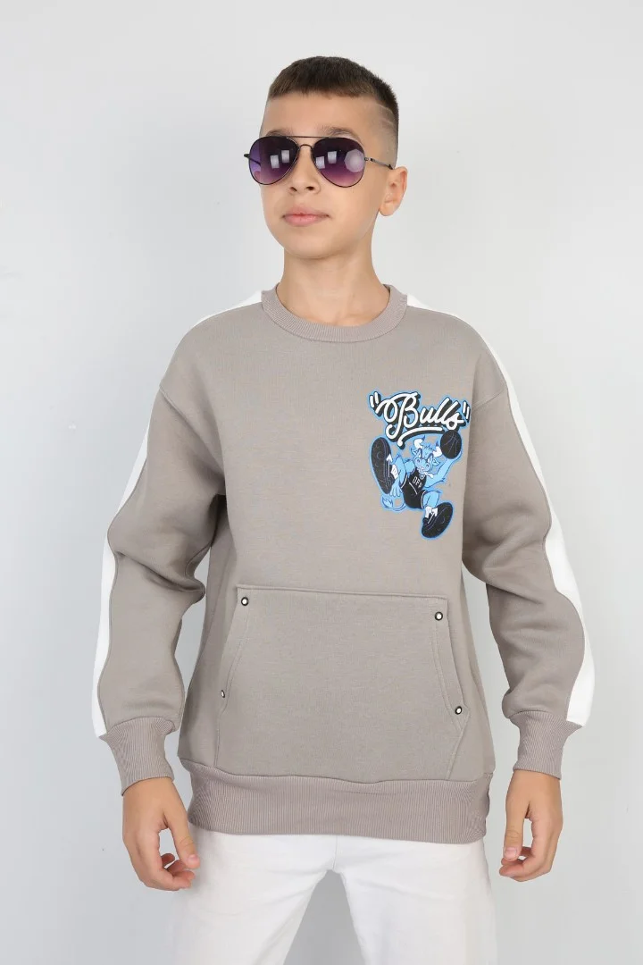 Üç İplik Şardonlu Arka Baskılı Erkek Çocuk Günlük Sweatshirt