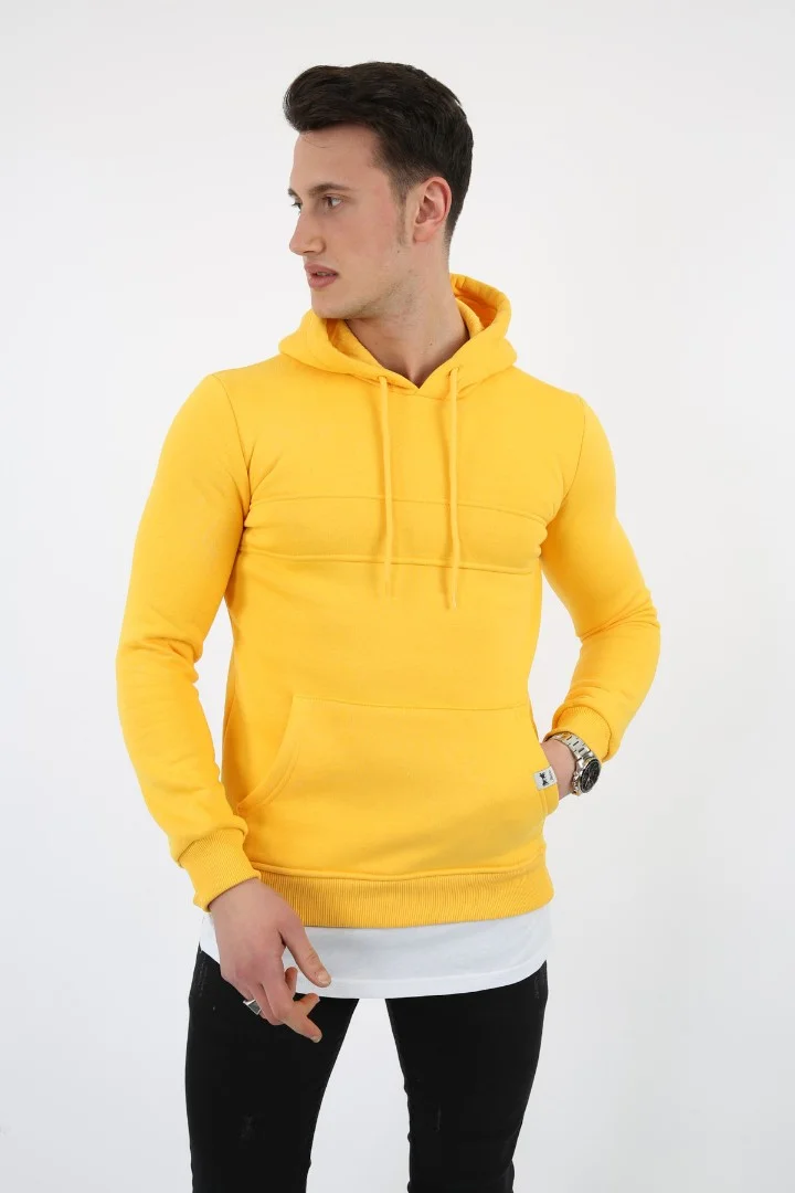 Üç İplik Şardonlu Kapşonlu Alttan Çıkmalı Erkek Günlük Sweatshirt