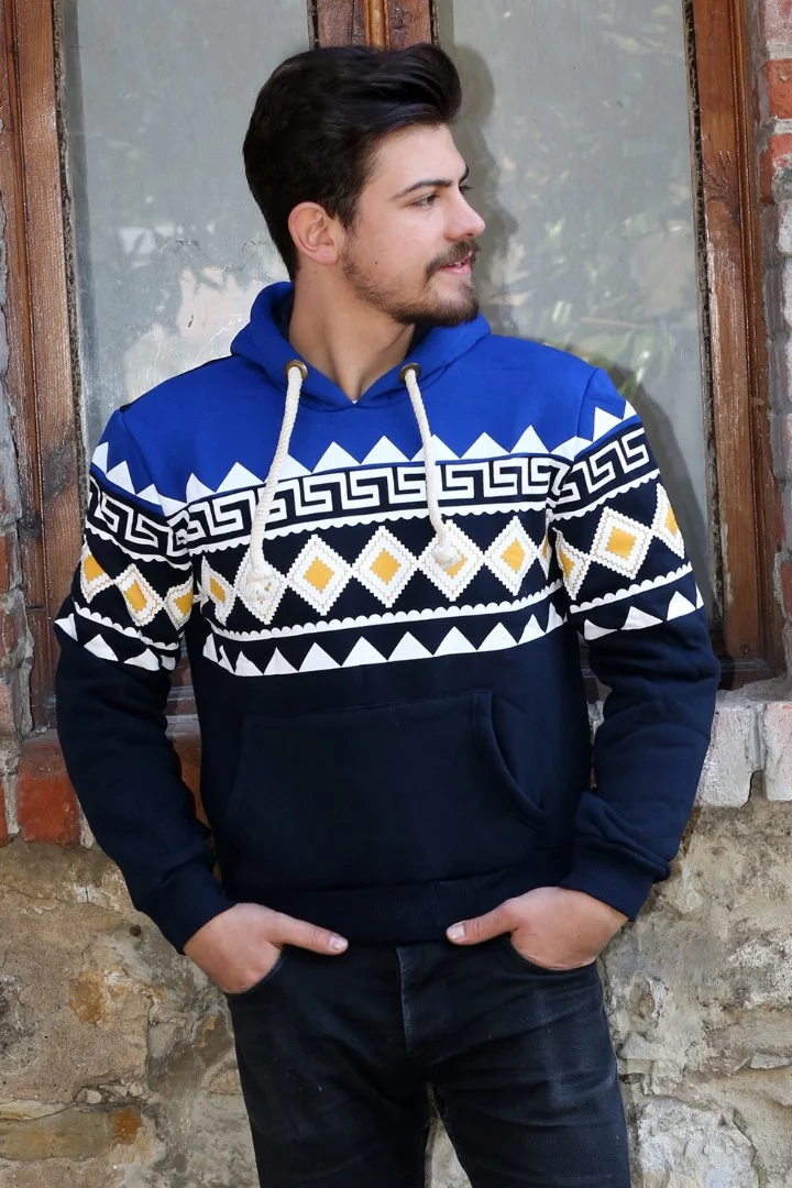 Üç İplik Şardonlu Kapşonlu Kanguru Cepli Baklava Desenli Erkek Günlük Sweatshirt