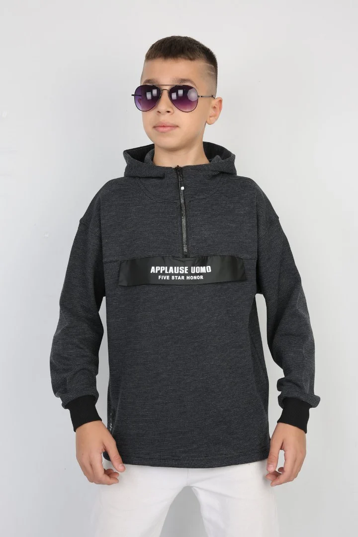 Yarım Fermuarlı Kapşonlu Baskılı Erkek Çocuk Günlük Sweatshirt