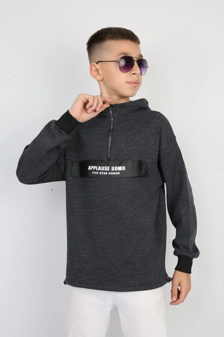 Yarım Fermuarlı Kapşonlu Baskılı Erkek Çocuk Günlük Sweatshirt