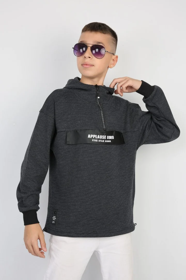 Yarım Fermuarlı Kapşonlu Baskılı Erkek Çocuk Günlük Sweatshirt