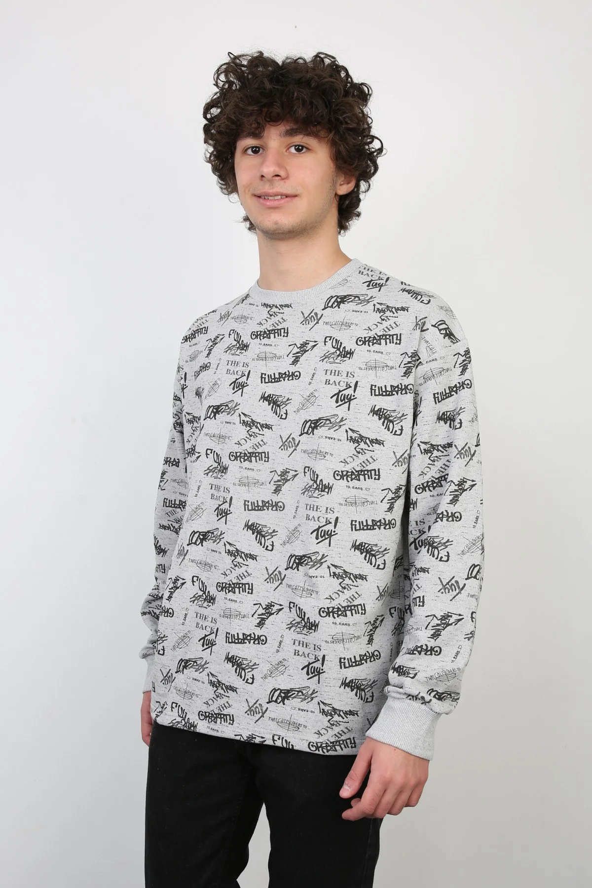 İki İplik Yazı Baskılı Oversize Erkek Günlük Sweatshirt