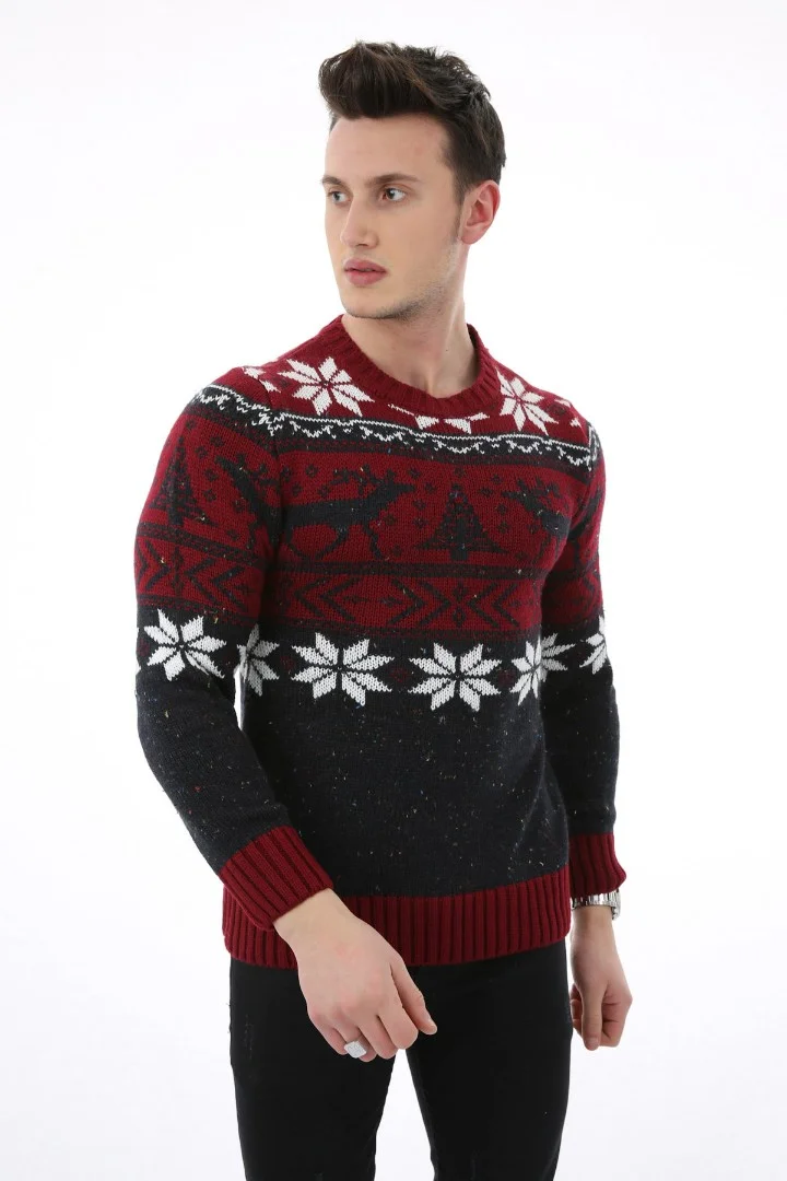 Erkek Geyik Ve Kar Desenli Kışlık Kalın Günlük Triko Kazak