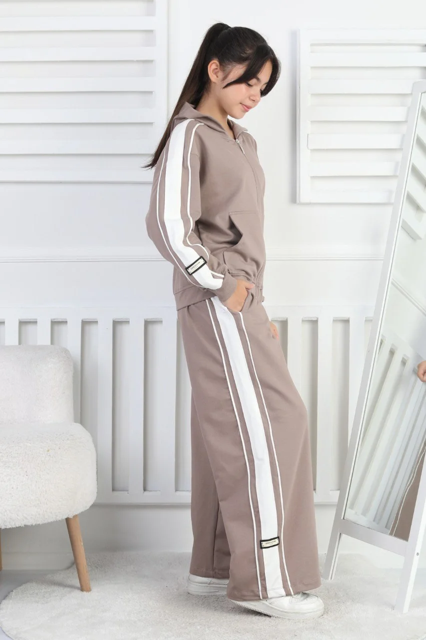 İki İplik Çizgili Kapşonlu Fermuarlı Kız Çocuk Takım