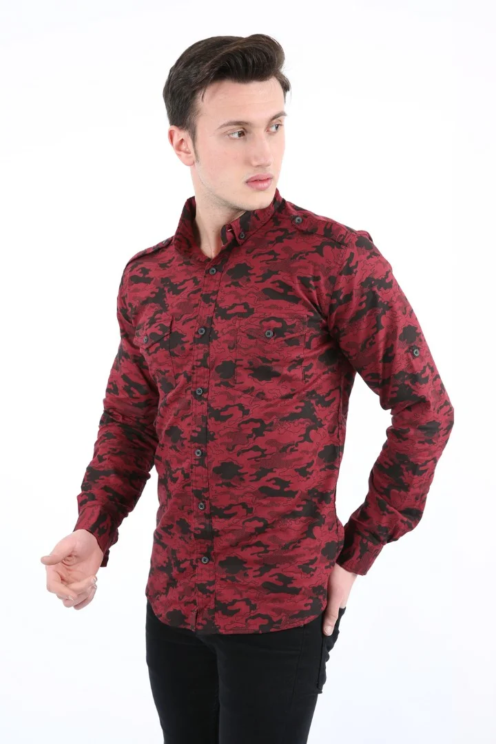 Erkek Günlük Likralı Kamuflaj Desenli Gömlek