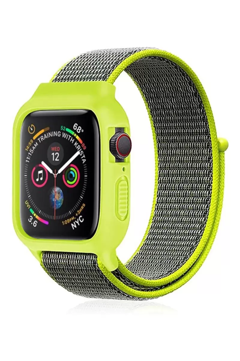 Newface Apple Watch 42mm Hasırlı Cırtcırtlı Kasalı Kordon - Yeşil