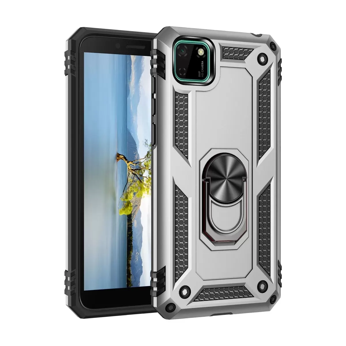 Newface Huawei Y5P Kılıf Sofya Yüzüklü Silikon Kapak - Gümüş
