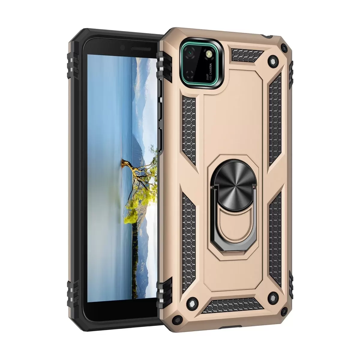 Newface Huawei Y5P Kılıf Sofya Yüzüklü Silikon Kapak - Gold
