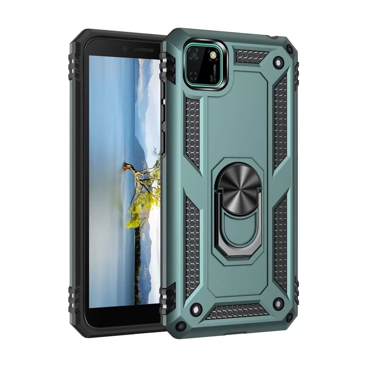 Newface Huawei Y5P Kılıf Sofya Yüzüklü Silikon Kapak - Yeşil
