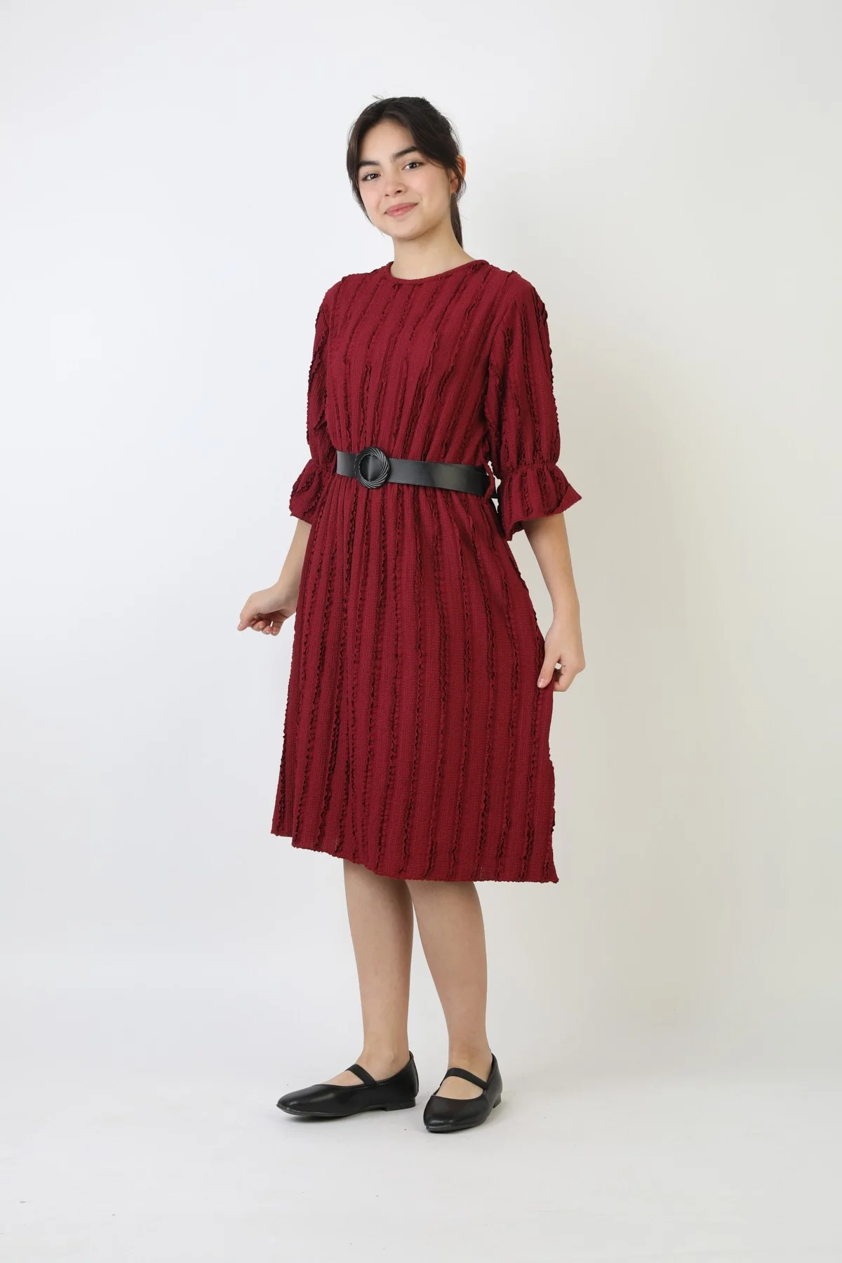 Fırfırlı Bürümcük Kumaş Kız Çocuk Kemerli Günlük Şık ve Rahat Elbise