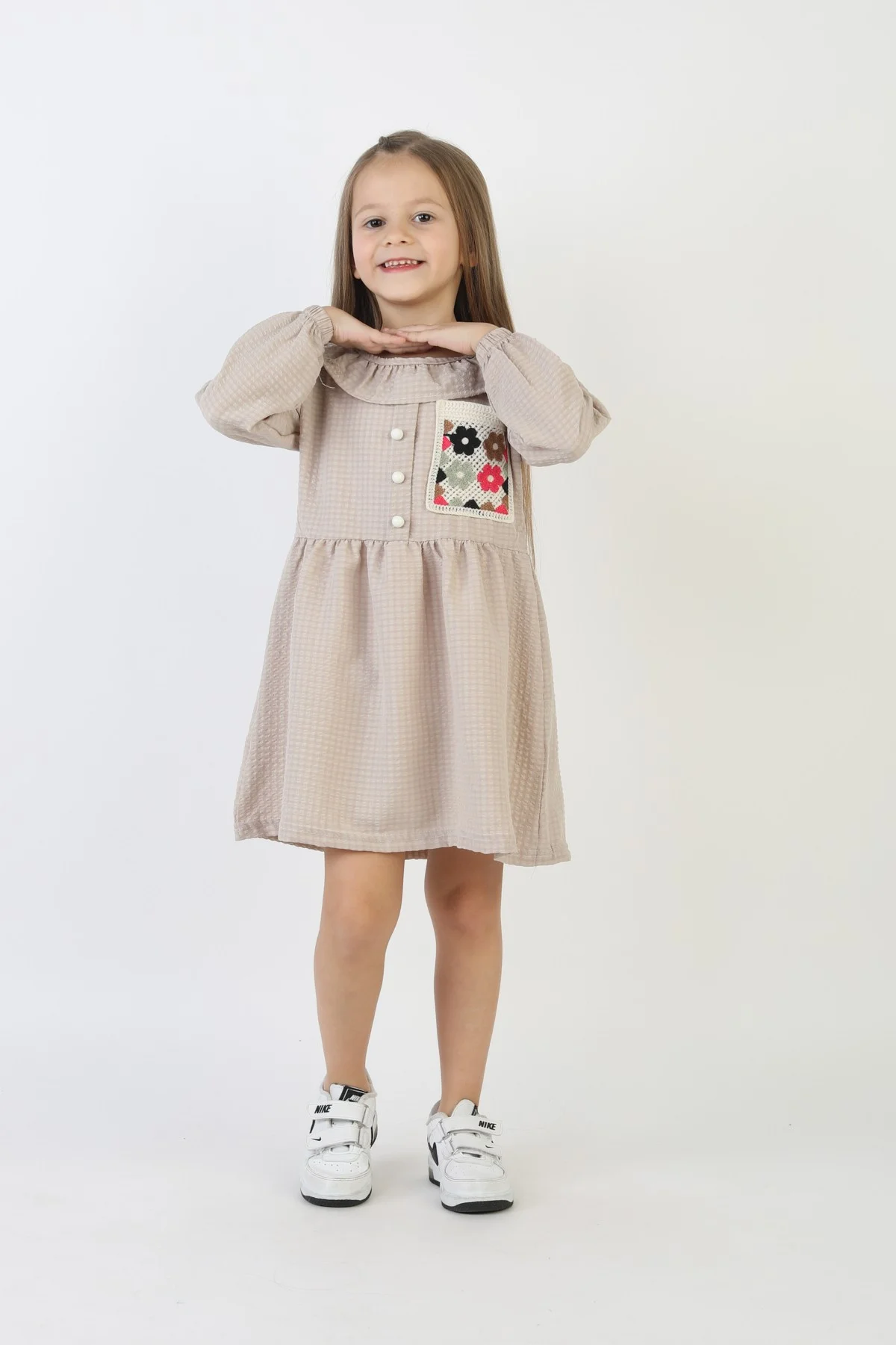 İşlemeli Gofre Kumaş Kız Çocuk Günlük Şık Rahat Ve Trend Elbise