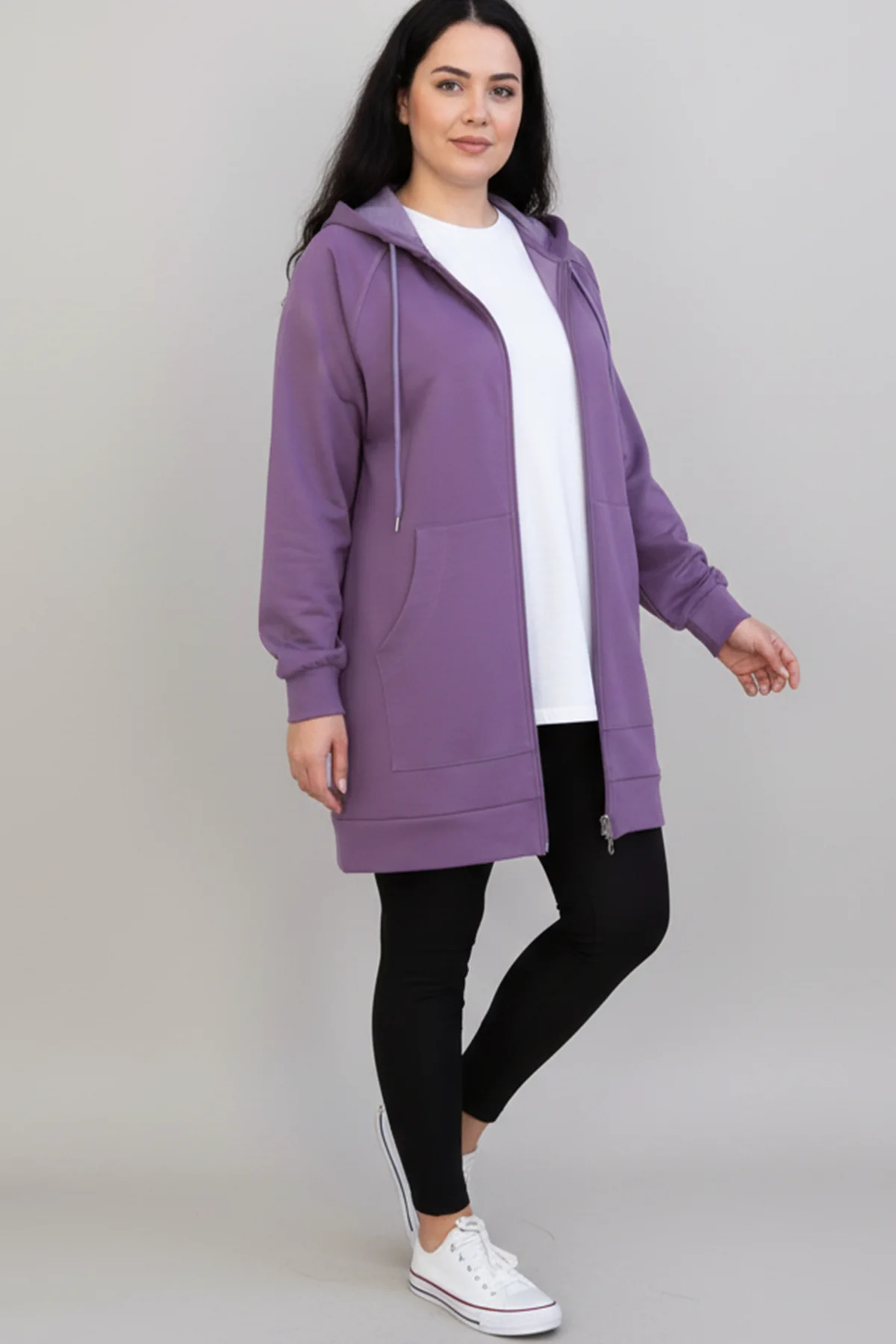Kadın Mor Oversize Kapüşonlu Fermuarlı İki İplik Uzun Hırka