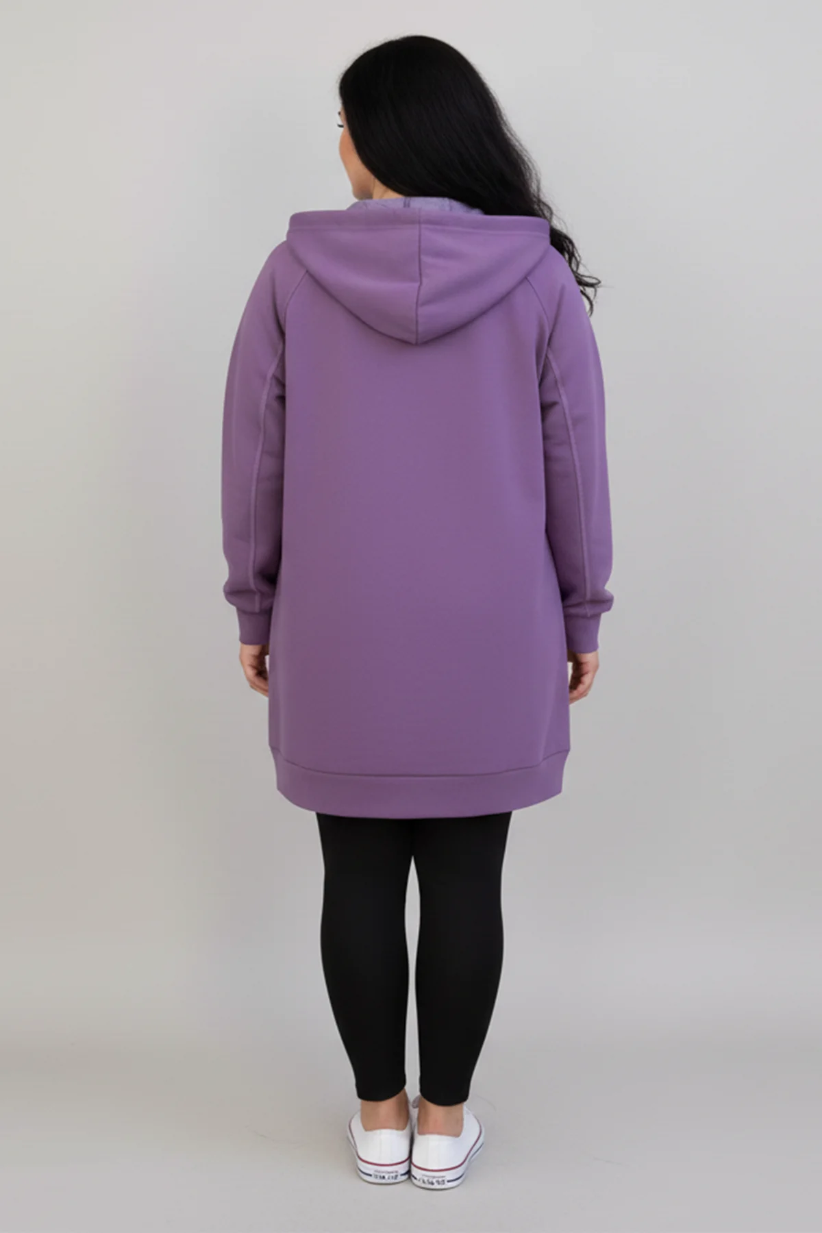 Kadın Mor Oversize Kapüşonlu Fermuarlı İki İplik Uzun Hırka