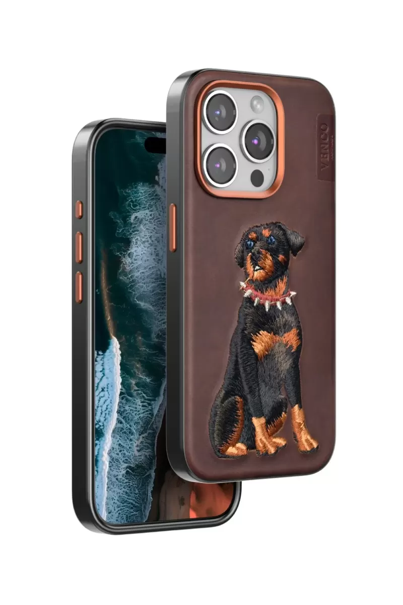 Venco Apple iPhone 15 Pro Perma Desenli Kapak - Koyu Kahve