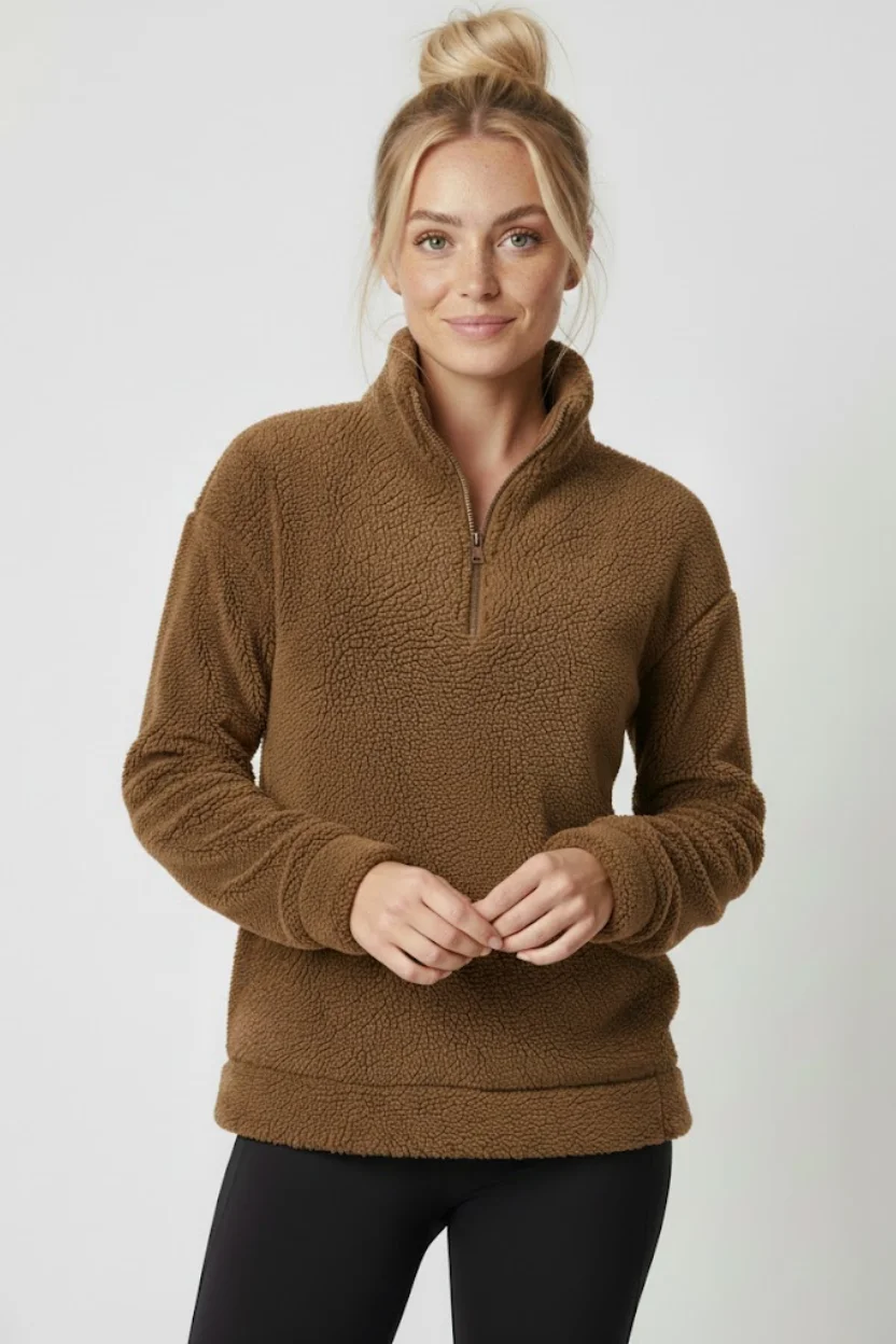 Kadın Kahverengi Yarım Fermuarlı Peluş Polar Sweatshirt - Kışlık Yumuşak Sıcak Tutan Kazak