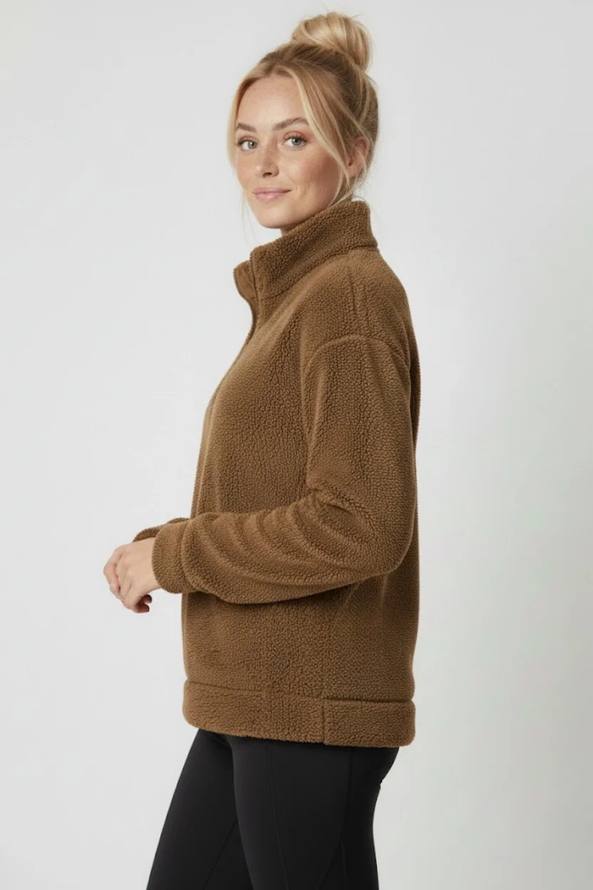 Kadın Kahverengi Yarım Fermuarlı Peluş Polar Sweatshirt - Kışlık Yumuşak Sıcak Tutan Kazak
