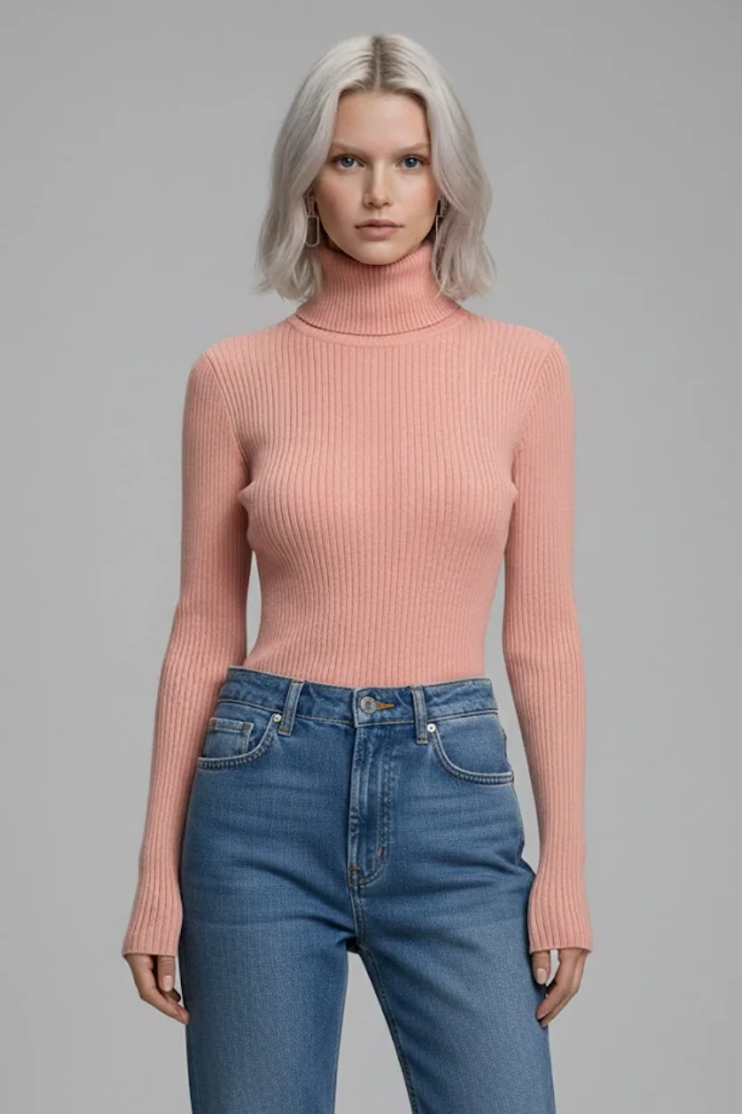 Kadın Pudra Pembe Tam Boğazlı Fitilli Triko Kazak - Yumuşak Dokulu Kışlık Slim Fit Örme Bluz