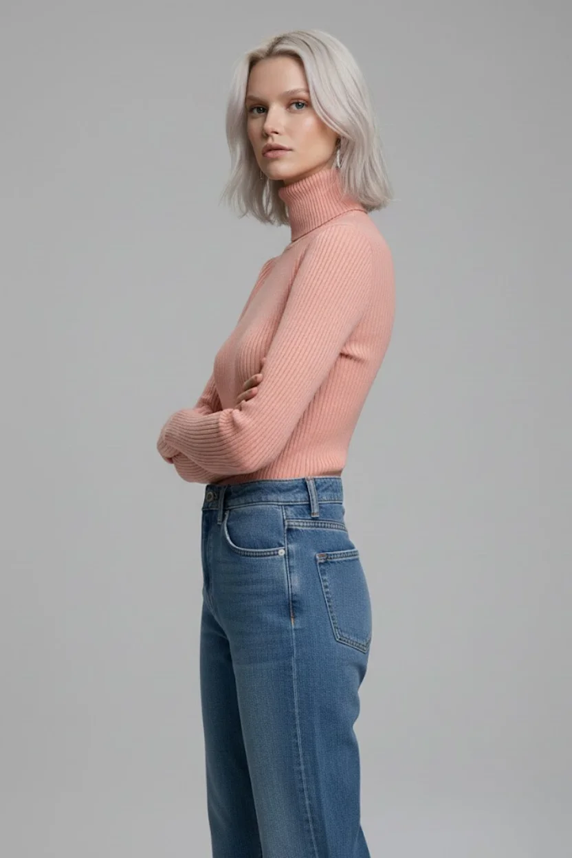 Kadın Pudra Pembe Tam Boğazlı Fitilli Triko Kazak - Yumuşak Dokulu Kışlık Slim Fit Örme Bluz