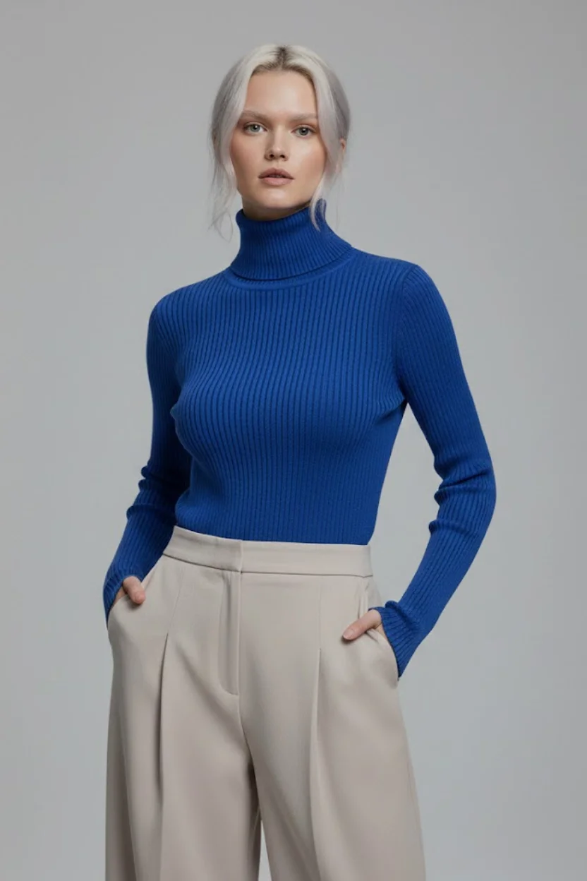 Kadın Saks Mavisi Tam Boğazlı Fitilli Triko Kazak - Canlı Renk Yumuşak Dokulu Kışlık Örme Bluz