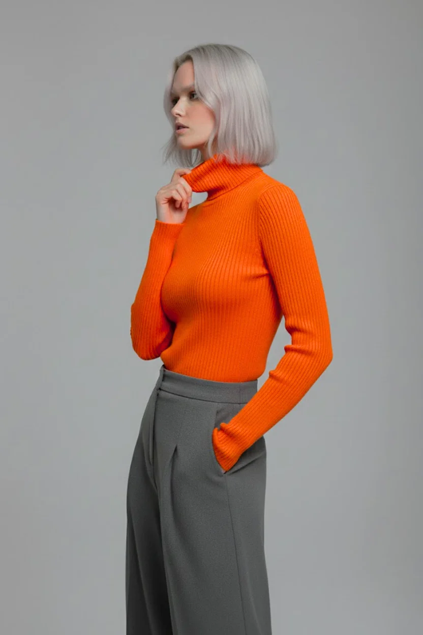 Kadın Turuncu Tam Boğazlı Fitilli Triko Kazak - Yumuşak Dokulu Esnek Örme Bluz
