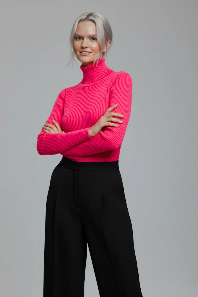 Kadın Fuşya Pembe Boğazlı Slim Fit Kışlık Triko Kazak - Yumuşak Dokulu Esnek Bluz