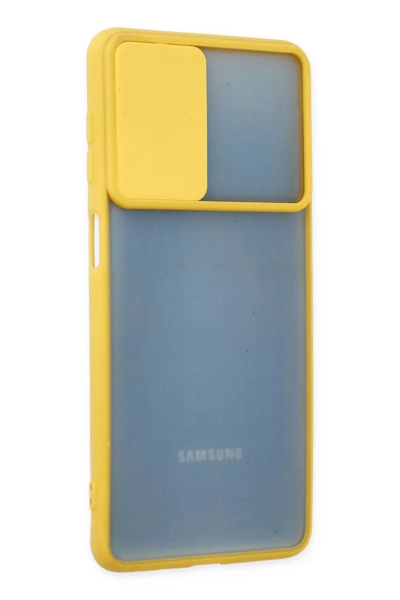 Newface Samsung Galaxy M52 5G Kılıf Palm Buzlu Kamera Sürgülü Silikon - Sarı
