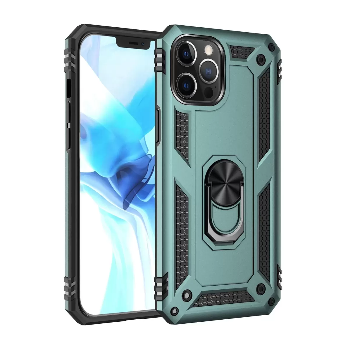 Newface Apple iPhone 12 Pro Max Kılıf Sofya Yüzüklü Silikon Kapak - Yeşil