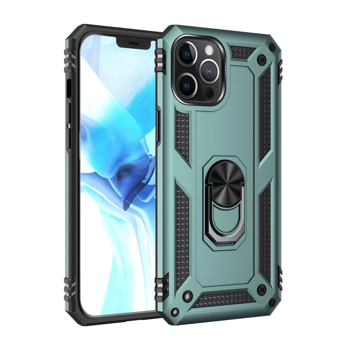 Newface Apple iPhone 12 Pro Max Kılıf Sofya Yüzüklü Silikon Kapak - Yeşil
