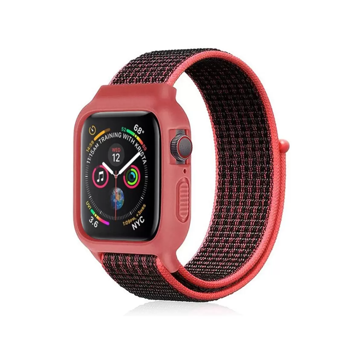 Newface Apple Watch 38mm Hasırlı Cırtcırtlı Kasalı Kordon - Siyah-Pembe
