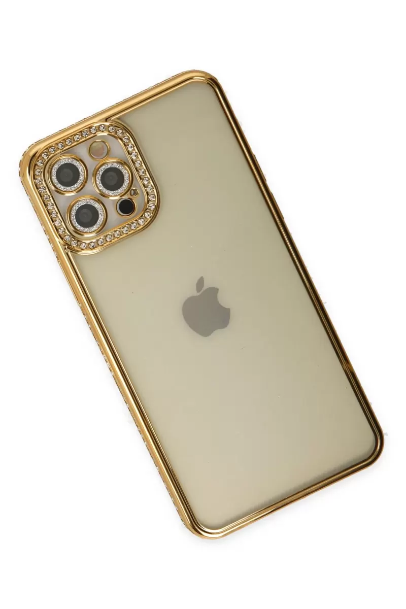 Newface Apple iPhone 12 Pro Kılıf Joke Taşlı Silikon - Gold