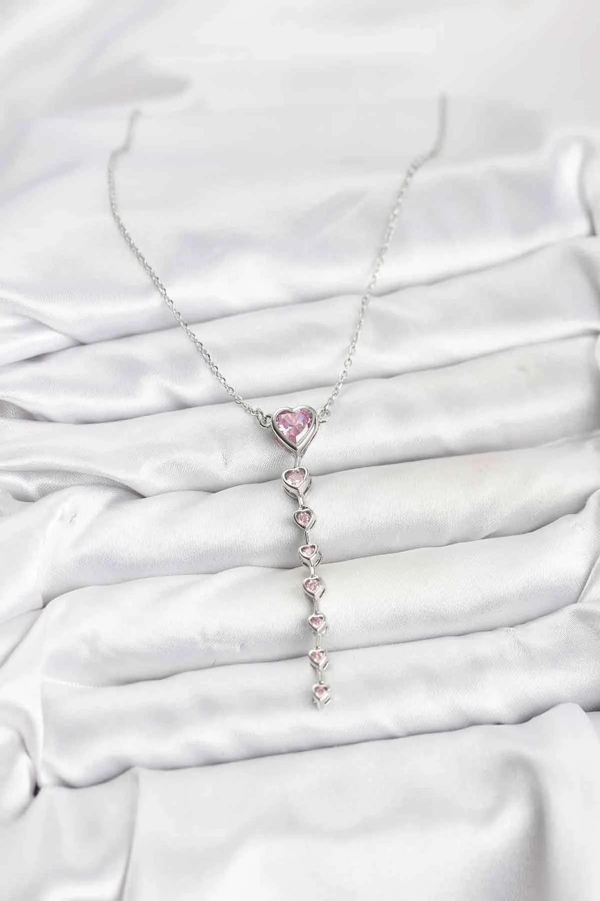 316L Çelik Zincir Gümüş Renk Pembe Kalp Kadın Kolye