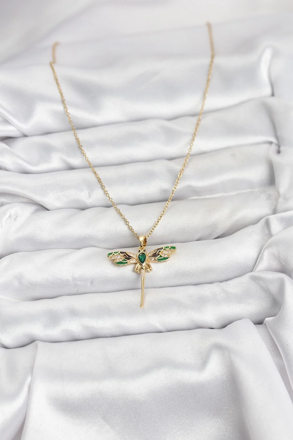 316L Çelik Zincir Gold Renk Yusufçuk Model Zirkon Taşlı Kadın Kolye