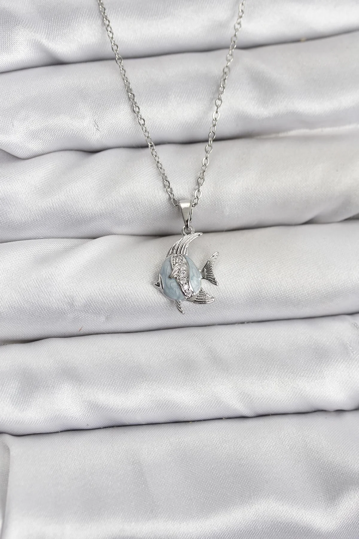 316L Çelik Zincir Gümüş Renk Balık Model Zirkon Taşlı Kadın Kolye