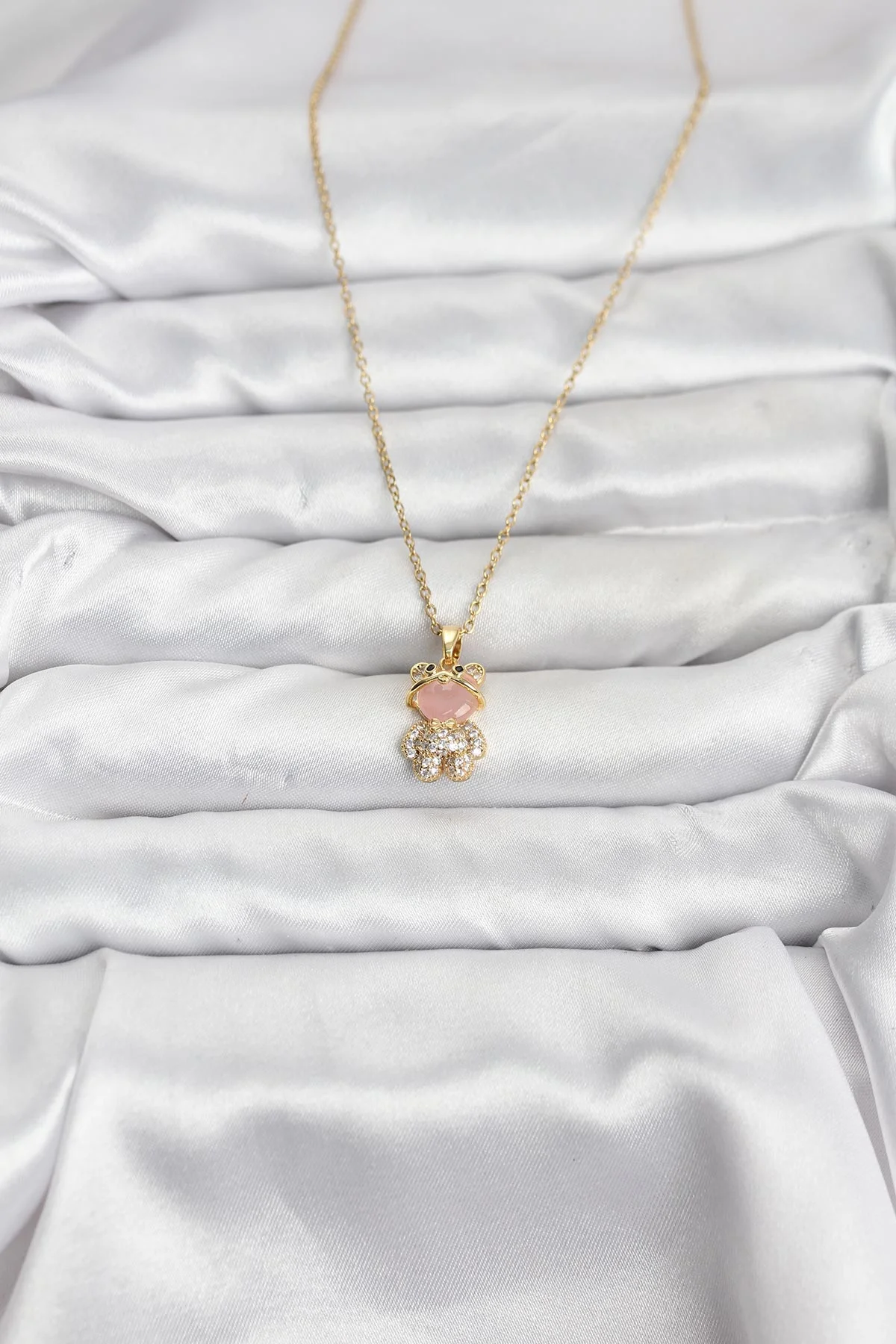316L Çelik Zincir Gold Renk Teddy Bear Model Zirkon Taşlı Kadın Kolye